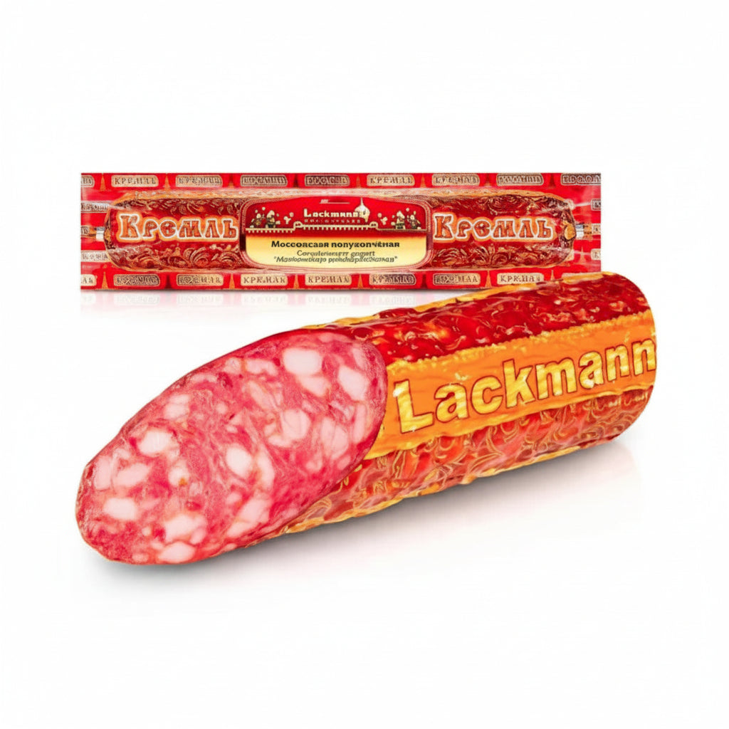 Servelatwurst „Moskauer“, halbgeräuchert, aus Schweine- und Rindfleisch, Lackmann, 300 g