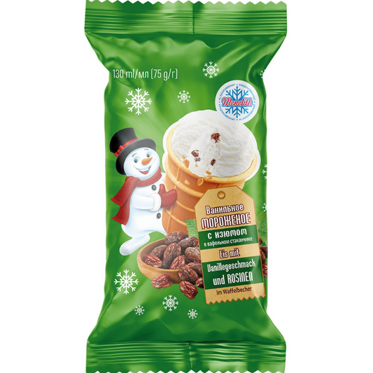 Eis mit - Cremiges Eis mit Rosinen im Waffelbecher